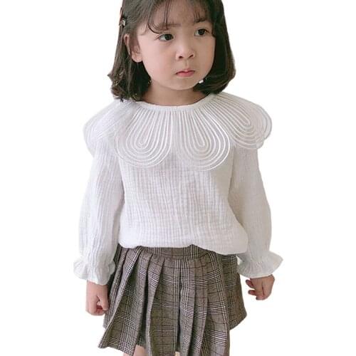 2019 Korean Baby Girl Ruffle Blouse Fall Winter Toddler Girls Long Sleeve Tops Cotton Linen Blouse Kids Cute Tops Children Cloth
