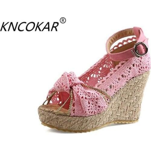 KNCOKAR 2018 summer new style womens shoes fashion lace leisure hollow-out fish mouth high heel waterproof platform sandals
