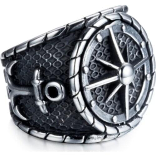 Mens Punk Fashion Black Six-pointed Star Anchor Fashion All-match Ring