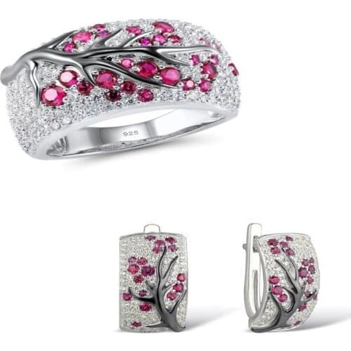 Silver Jewelry Set for Women Rose Flower Leaf Shiny Natural Red Stones Earrings Ring Set 925 Sterling Silver HANDMADE Jewelry