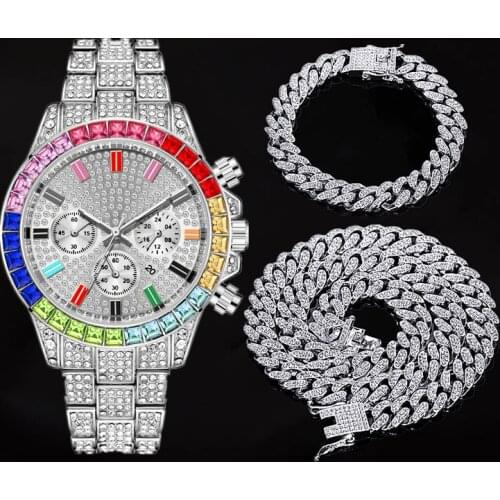 Necklace Bracelet Rapper Hip Hop Miami Cuban Chain Iced Out Paved Men Dubai Jewelry Sets for Mens Women Gold Watch Colorful Gift