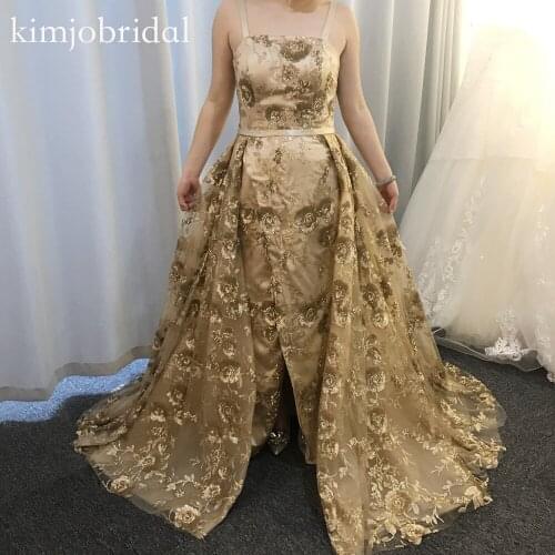 Champagne prom dresses 2019 real picture strapless neckline hand made flowers sparkly flowers evening dresses gowns arabic gold
