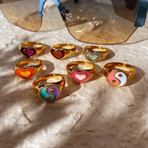 Gold Plated Stainless Steel Colorful Double Layer Love Heart Chunky Rings For Women Candy Color Ins Rings Waterproof Jewelry