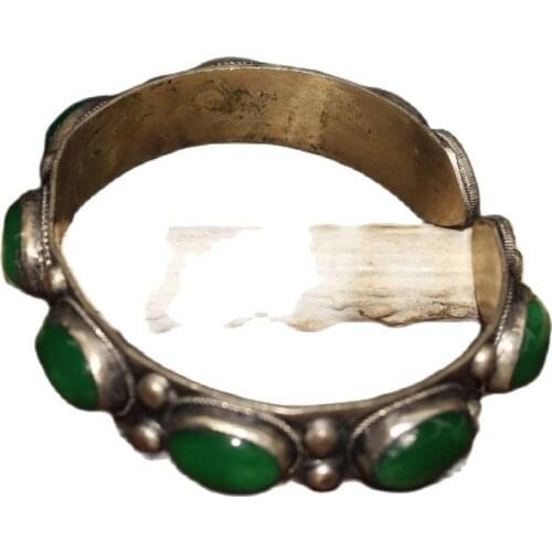 Chinese Old Craft Made Green Jade Inlaid Old Tibetan Silver Bracelet
