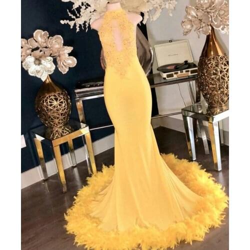 Sexy Yellow Mermaid Evening Dresses Sleeveless African Girl Graduation Elegant Long Prom Dresses 2019 Feathers Black Girl BP043