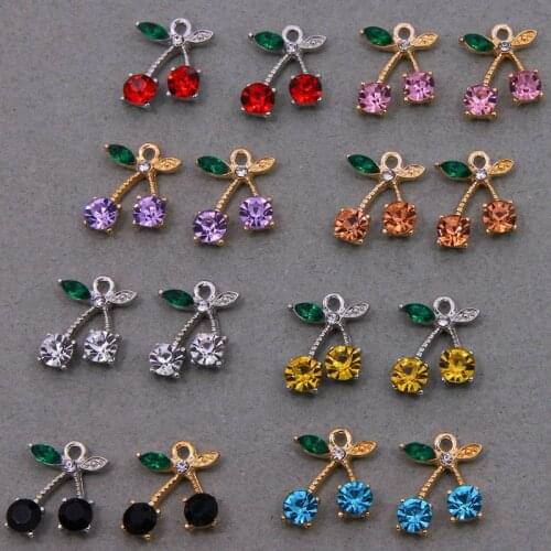 6pcs 3 pairs 15*17mm Inlaid rhinestones cherry charm fruit for jewelry making earring pendant bracelet and necklace charms