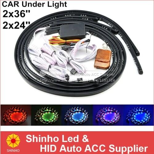 4pcs 36"*2 & 24"*2 7 Colors Wireless 12V Remote Music Activated RGB car LED Strip Under Car Decorative Underbody Neon Lights Kit