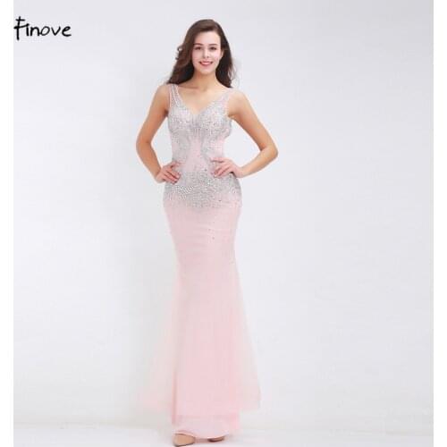 Finove Beading Evening Dresses 2020 New Styles Sexy Big V-Neck Backless Romantic Pink Floor Length Long Fomal Womens Dresses