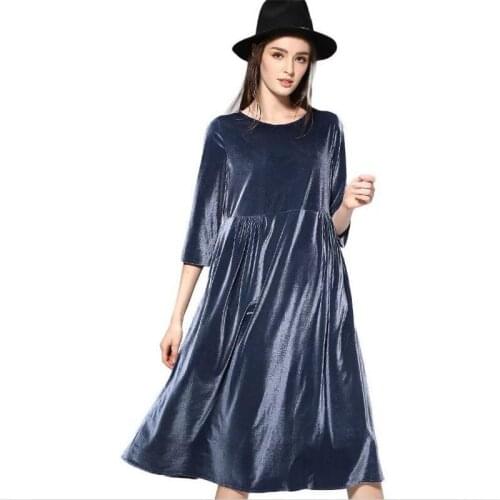 Large Size Velour 2020 Women Autumn Dress Pure Color Soft Casual Gold velvet Dresses Three Quarter Sleeve Solid Dress Vestidos