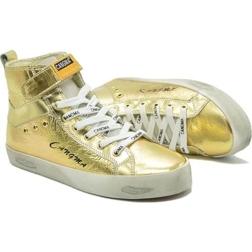 CANGMA Luxury Brand Designer Golden Shoes Men Patent Genuine Leather High Top Sneakers for s Male Casual Shoes 2021