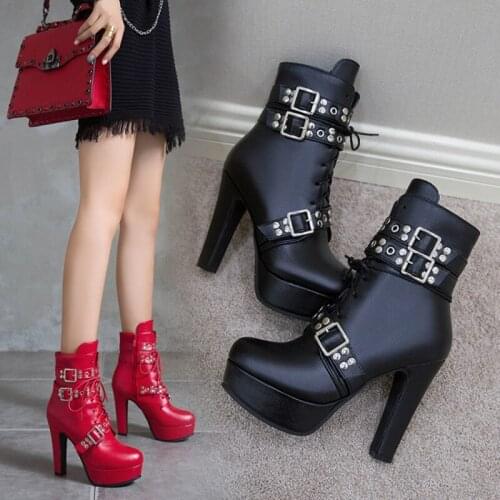 Punk Rivets Eyelet Boots Women High Heels Buckle Strap Shoe Woman Big Plus Size 49 50 White Yellow Red Platform Motorcycle Boots