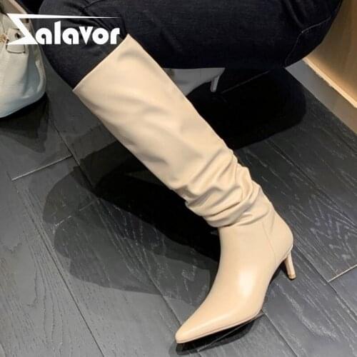 Zalavor Size 33-40 Real Leather Women Shoes Knee High Boots Thin High Heels Slip On Fashion Winter Autumn Female Footwear