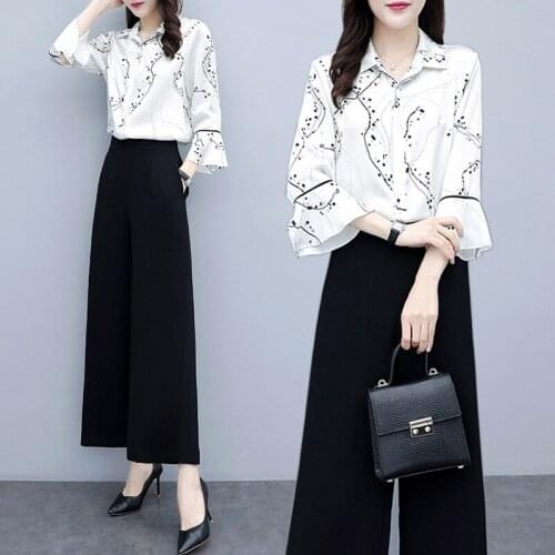 2019 Summer Fashion Elegant Two Piece Set Women Casual Flare Sleeve Chiffon Shirt And High Waist Wide Leg Pants Suits Set W1011