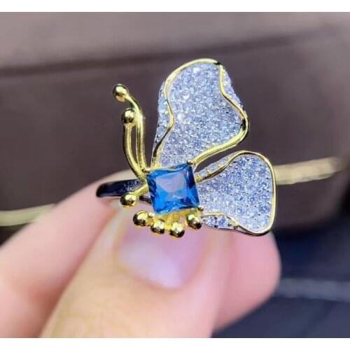 Natural London blue topaz gem Ring Natural gemstone ring S925 sterling silver trendy butterfly women girl party fine Jewelry