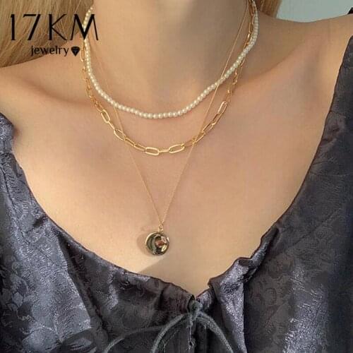 Bohemian Multilayer Pearl Chain Necklace For Women Trendy Gold Silver Color Roud Pendant Necklaces Pearl Choker Jewelry