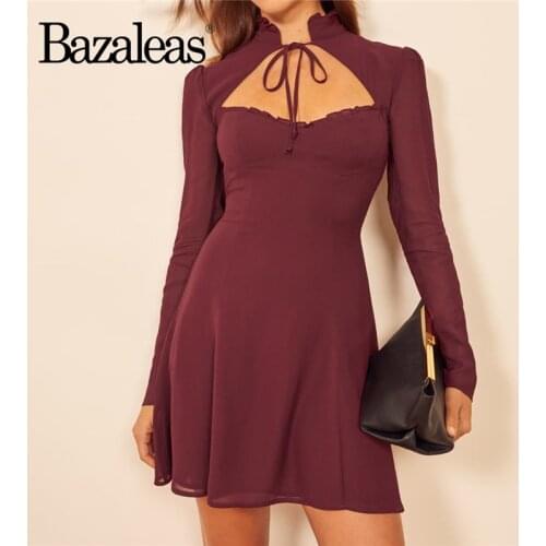 Bazaleas France Chiffon Wine red women dress Elegant Neck Bandage Tie Hollow Out ropa mujer Vintage Long Sleeve vestido