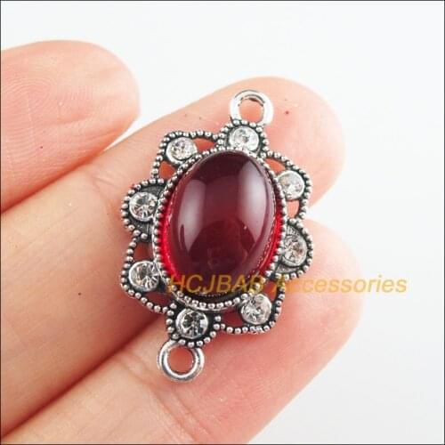 8Pcs Tibetan Silver Tone Flower Oval Red Glaze Charms Connectors 18x29mm