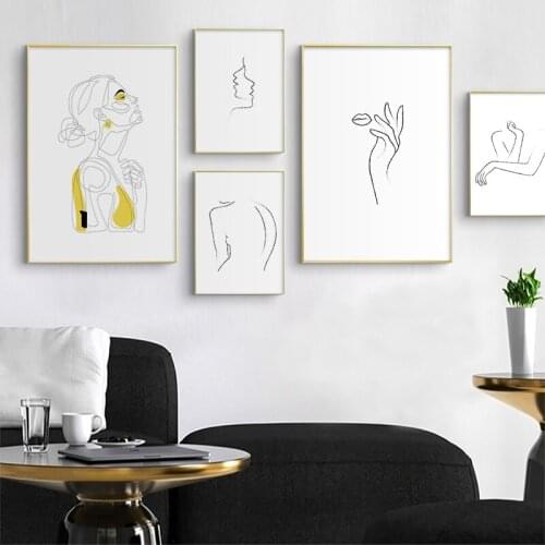 Abstract Woman Line Drawing Nordic Poster and Print Modern Canvas Painting Wall Art Yellow Girl Picture for Bedroom Home Decor