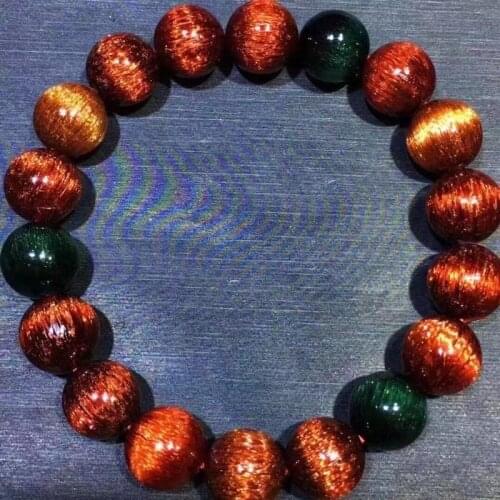 11.7mm Colorful Genuine Natural Copper Rutilated Quartz Bracelet Clear Round Beads Women Men Cat Eye Wealthy AAAAA