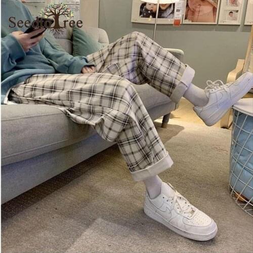 Mens Casual Pants Ins Trend Plaid Sweatpants Men and Women Loose Large Size Hip Hop Wide Leg Pants Overalls