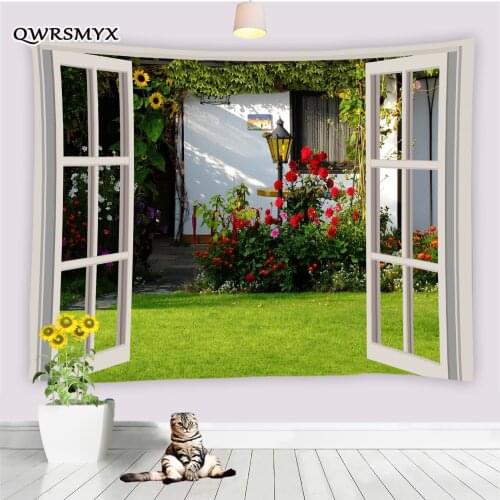 Window Flower Plant Landscape Tapestry Wall Hanging European Architecture Living Room Bedroom Decor Wall Home Art Tapestries