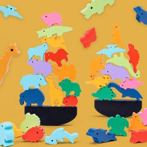Children Montessori Wooden Animal Balance Blocks Board Stacking Boys Building Dinosaur High Block Educational Toy Toy Games K4O7