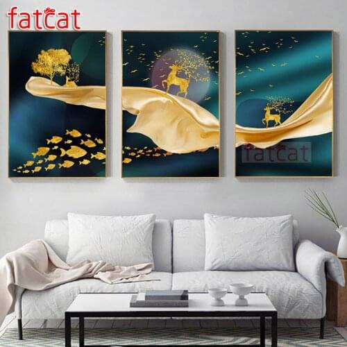 FATCAT Abstract golden lines landscape diy 5d diamond painting full square round mosaic embroidery sale triptych kits AE2497