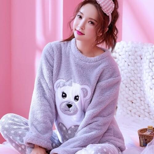 H6015 Pajamas Women Autumn Winter Thickened Flannel Household Clothing Girl Long Sleeve Coral Plush Cartoon Cute Sweet Sleepwear