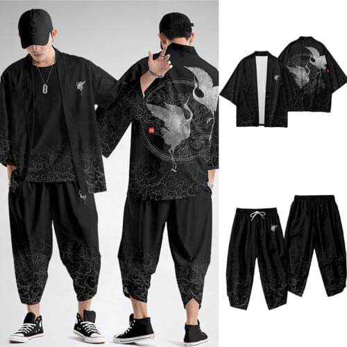 Japanese Print Crane Yukata Robe Set Oversize 6XL Men Kimono Cardigan Trousers Suit Novelty Jacket Chinese Style Tang Suit