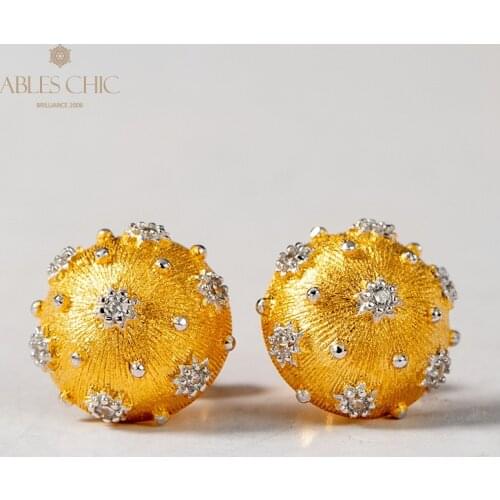 Gold Starry Dome Zircon Classic Earrings 925 Silver Brushed Silk Engraved Star Vintage Green CZ Stone Studs Premium Fine Jewelry