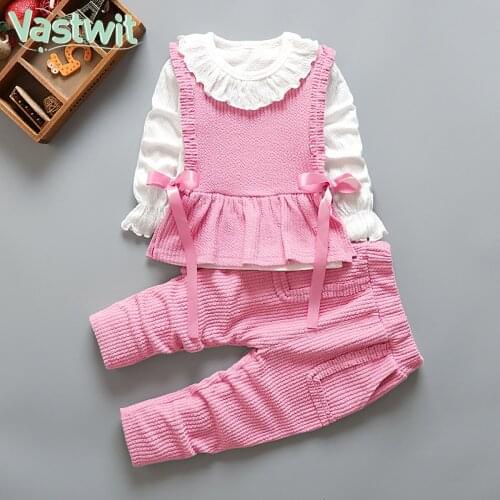 Korean Baby Girl Suit Autumn Clothes Baby Girl Cotton Cartoon Bow Lace Ruffle Collar Shirt+Vest+Pants 3Pcs Set Sweet Cute Outfit