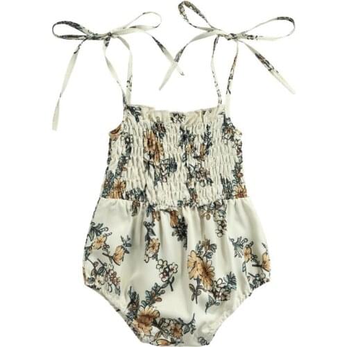 Summer Baby Girls Strapped Floral Print Short Romper Girls Sleeveless Low-cut Tie-up Sling Jumpsuit with Ruffles