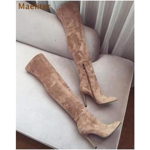 Hot Selling Long Boots Real Photo Apricot Black Pink Suede Pointed Toe Over The Knee Boots Thin Slim Fit Boots Stiletto Heels