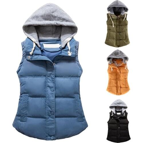 M-4XL Women Autumn Winter Warm Down Vest Zip Button Pocket Removable Hooded Waistcoat Vest Women Short Vest