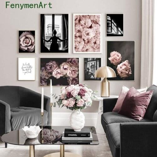 Pink Peony Flowers Posters and Prints Vogue Girl Wall Art Pictures Fashion Coco Canvas Paintings Scandinavian Room Home Decor