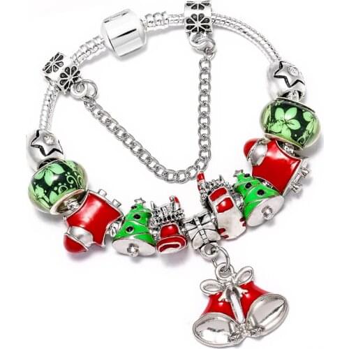 New Red Christmas Bell Charm Bracelet Bangle Original Santa Green Christmas Tree Sock Flowers Glass Beads Bracelet For Women Men