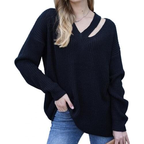 Autumn Winter Women Sweater V Neck Long Sleeve Hollow Out Knitwear Sweater Loose Jumpers Loose Sweaters Women Top