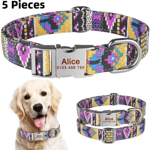 Personalized Dog Collar Custom Engraved Name ID Tag Fashion Nylon Dogs Collar Pet Collar Products Small Medium Large 5 Pieces