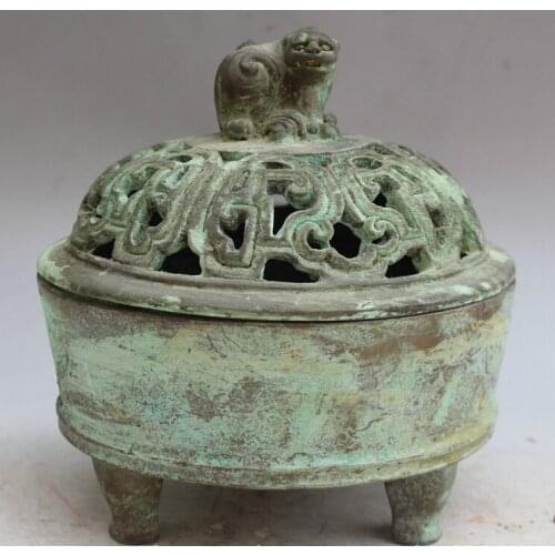 Song voge gem S1778 7" Old Marked Chinese dynasty Bronze 3 Foot circular Beast Incense Burner Censer