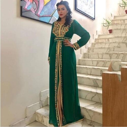 Eightale Green Arabic Evening Dresses V-Neck Gold Appliques Kaftan Dubai Chiffon Caftan Prom Gown Long Sleeves Muslim Dress