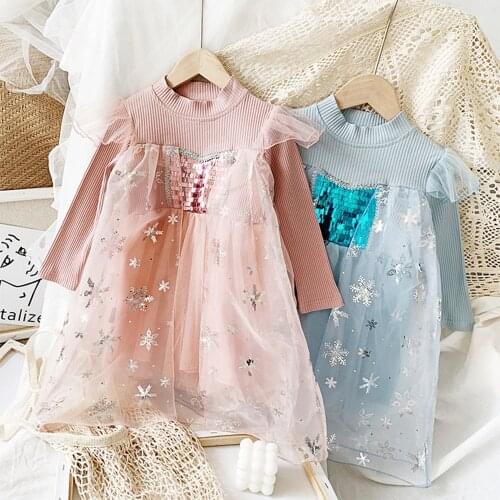 Girls Princess Dresses Knit Stand-up Collar Dress Patchwork Lace Mesh Baby Kids Birthday Party Clothing Snowflake Sequin Decor