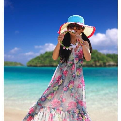 Girls Flower Print Beach Dress Chiffon Summer 2019 New Sleeveless Kids Long Bohemian Dress Teenage Girls Maxi Dress Kids Clothes