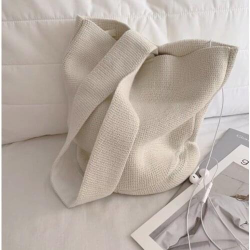 Simple Pure Color Woolen Knitted Braid Bucket Handbag Korean Fashion Designer Cylindrical Chic Winter Crochet Shoulder Tote Bag