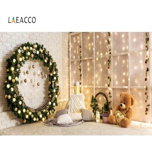Laeacco Christmas Bulb Light Cozy Decor Teddy Bear Wreath Gray Wall Carpet Baby Child Interior Photo Background Photo Backdrop