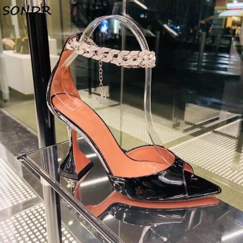 2021 Crystal Chain Strap Gladiator Sandals Sexy Ladies High Heel Peep Toe Pumps Shoes Women Fashion Patent Leather Summer Sandal
