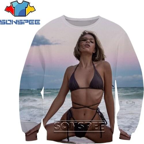 SONSPEE 3D Sexy Bikini Beach Print Hoodie Crew Neck Mens Womens Naked Bodybuilding European Goddess Fashion Loose T-shirt