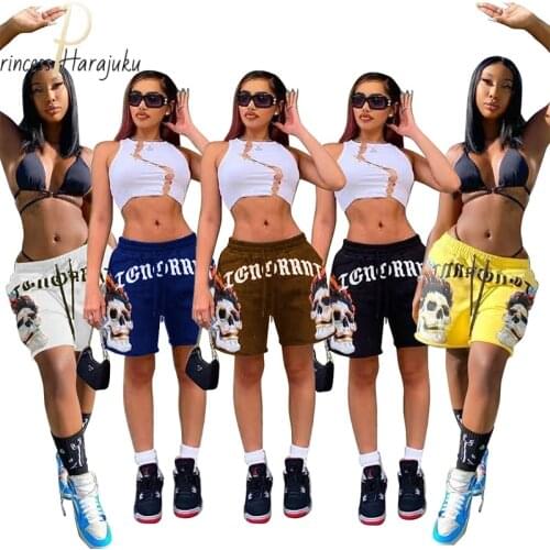 Drawstring Shorts Women Mid Waist Loose Casual Black Sweatpants Summer Skull Print Street Punk Style Cool Hip Hop Fitness Shorts