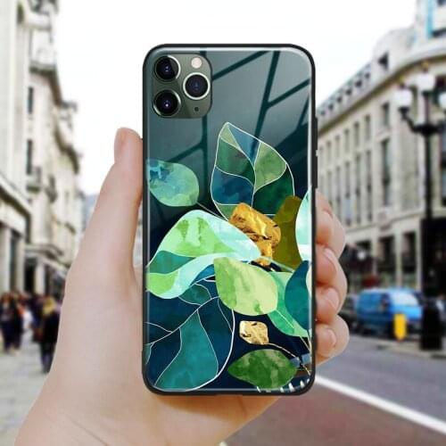 Nordic Abstract Indigo Plant design Silicone Glass Phone Case Cover Shell For iPhone SE 6 6s 7 8 Plus X XR XS 11 12 Mini Pro Max