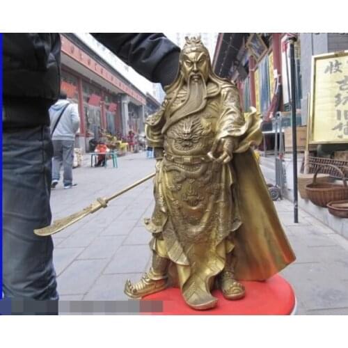 20"China Brass Two finger dress smock Guan Gong warrior Hold Dragon Sword Statue