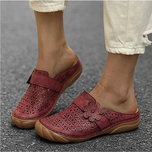 Woman Comfortable Buckle Slides Women Hollow Out Slippers Ladies Leather Mules Female Applique Wedges Woman Shoes Plus Size